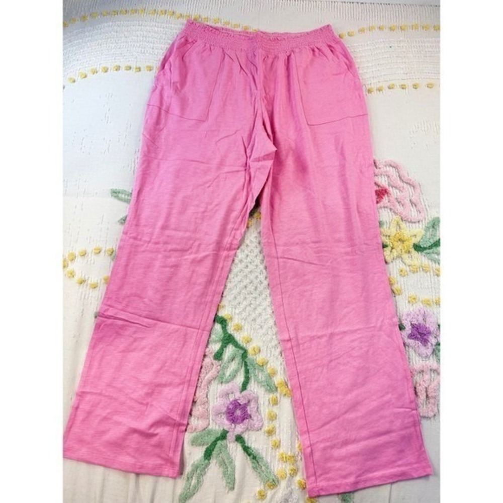 Candace Cameron Bure Pink Smocked Waist Wide Leg Pants Cotton Linen Blend L - Picture 2 of 10